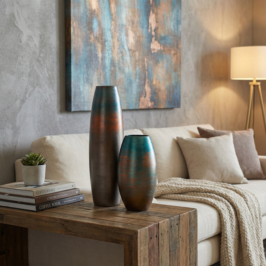 Ahenk Collection Handmade Ceramic Duo Vase Set Petrol Green Brown Copper