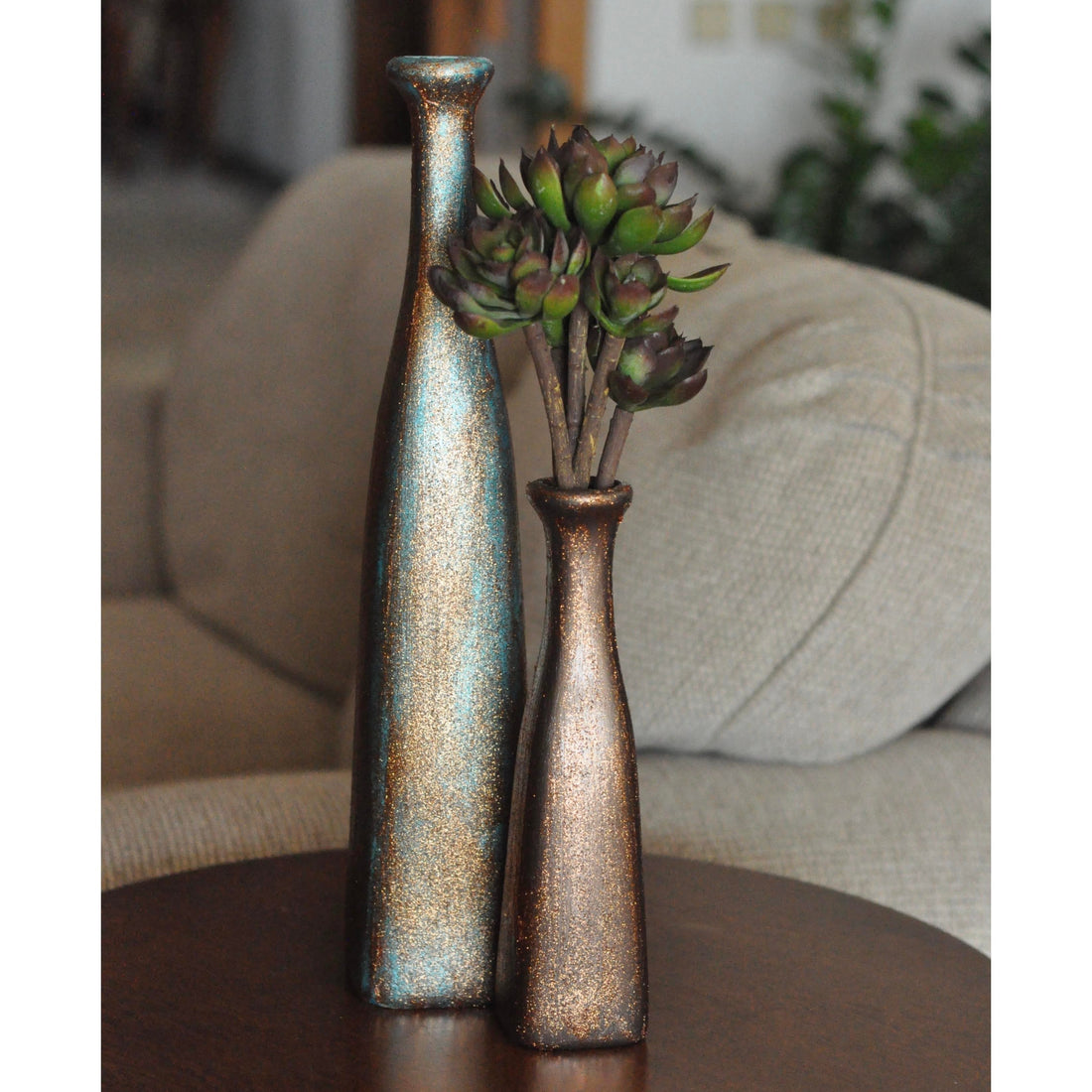 Bakırdan Koleksiyon Collection Luminara Petrol Green Bronze Copper Glimmer Dual Bottle Vase Set