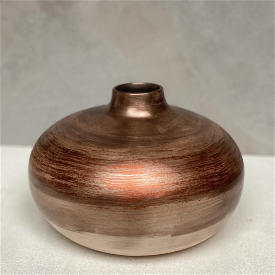 Ahenk Collection Ceramic Flat Vase Cream Brown Copper Tones