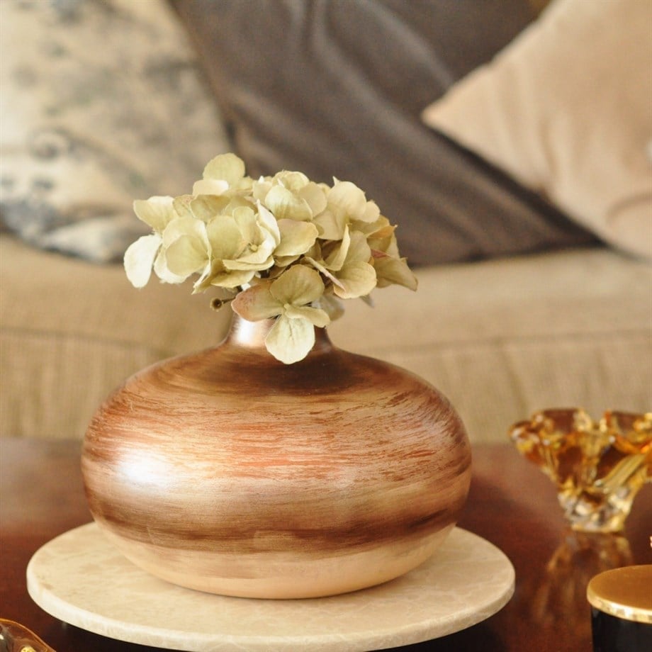 Ahenk Collection Ceramic Flat Vase Cream Brown Copper Tones