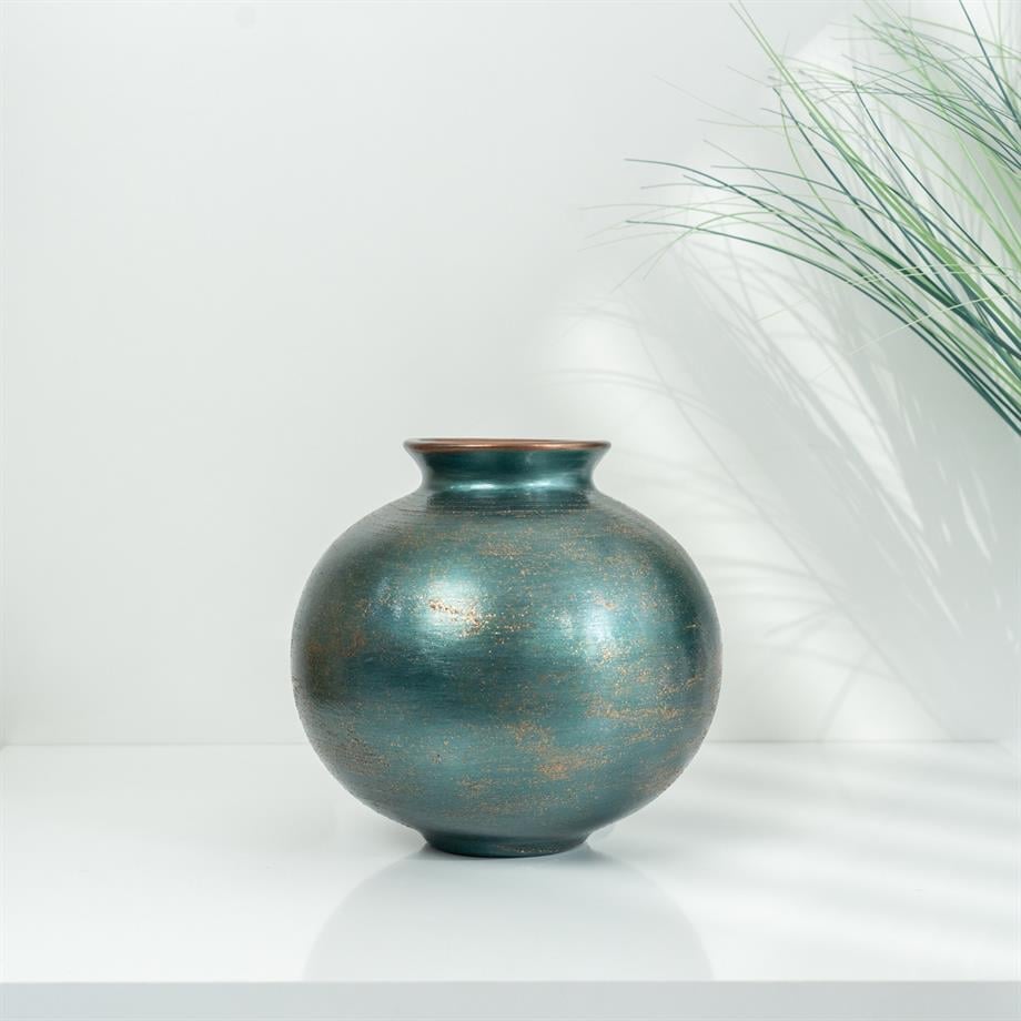 Bakırdan Series Verdantia Green Copper Glow Cube Vase Handmade Ceramic
