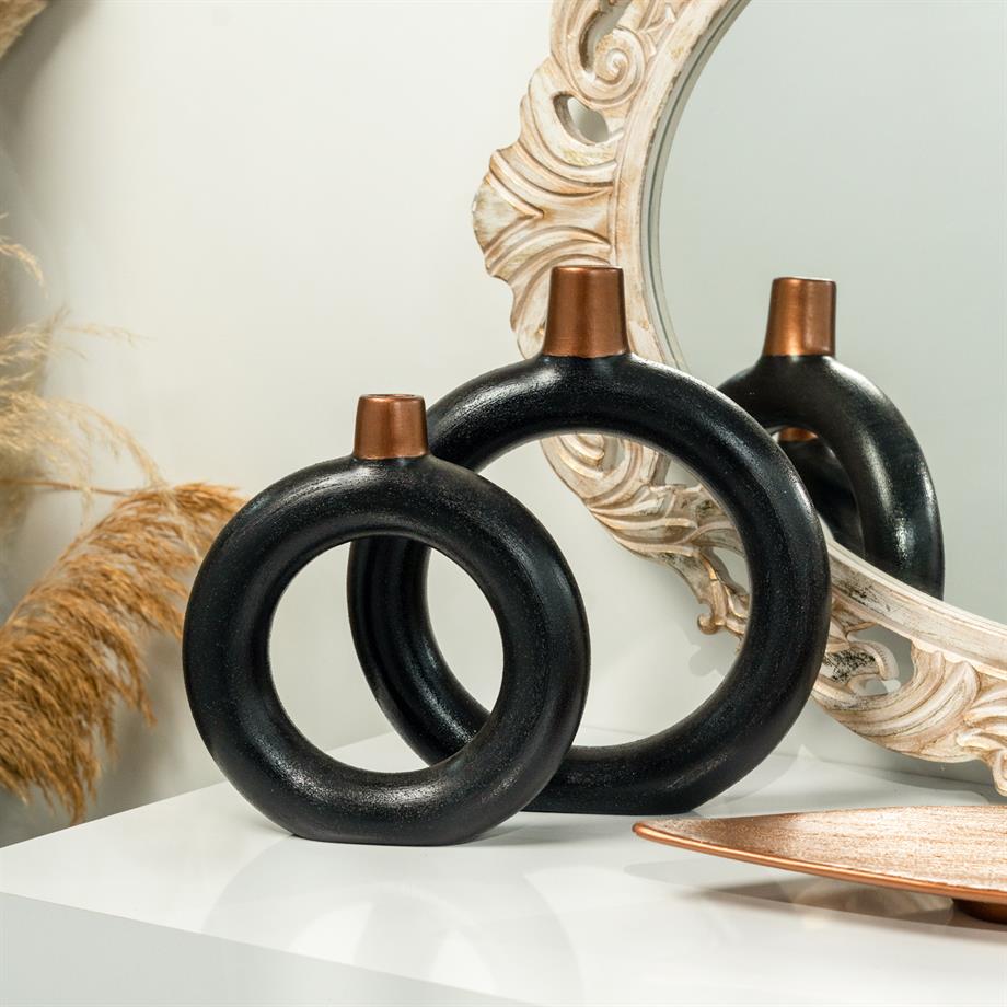 Black White Green Ring Vase Set Handmade Ceramic 2 Piece