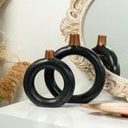 Black White Green Ring Vase Set Handmade Ceramic 2 Piece