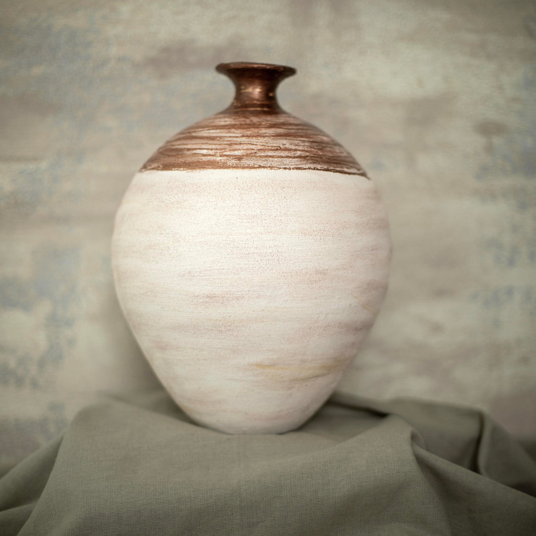 Boho Collection Copper Crest Handmade Large Decorative Vase Off White Sand Clay Copper Ceramic