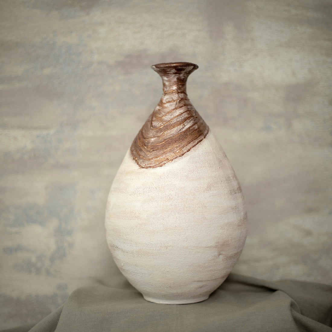 Boho Collection Copper Wave Handmade Small Decorative Vase Off White Sand Clay Copper Ceramic