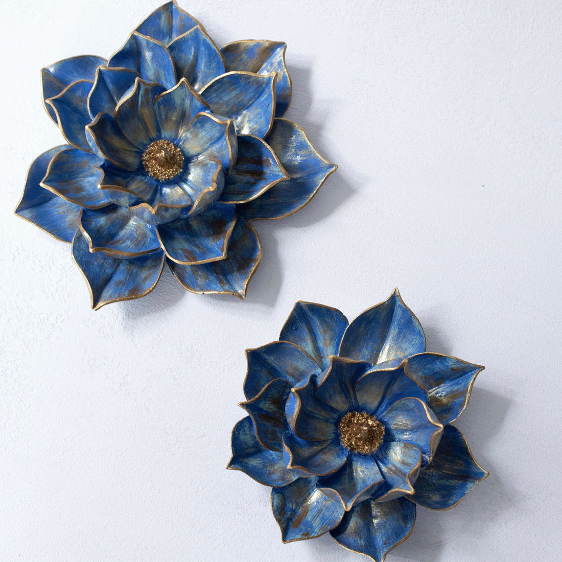 Handmade Celestia Blue Lotus Bloom Duo with Antique Gold Accents