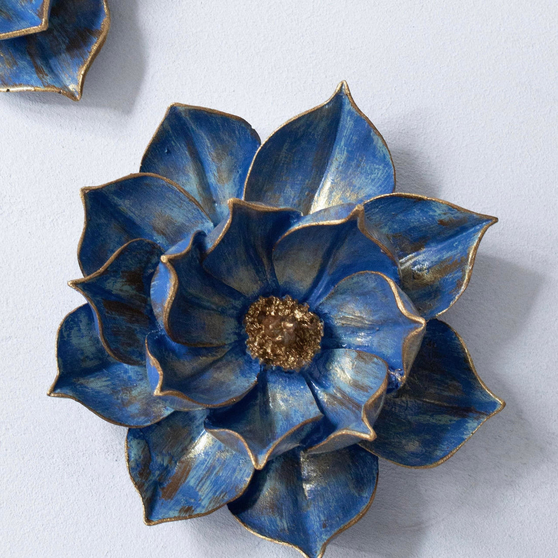 Handmade Celestia Blue Lotus Bloom Duo with Antique Gold Accents
