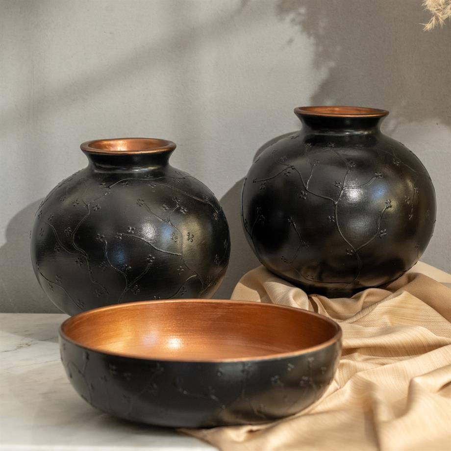 Bakırdan Collection Aura Dual Globe Sculptural Vase Set Matte Black with Copper Interior