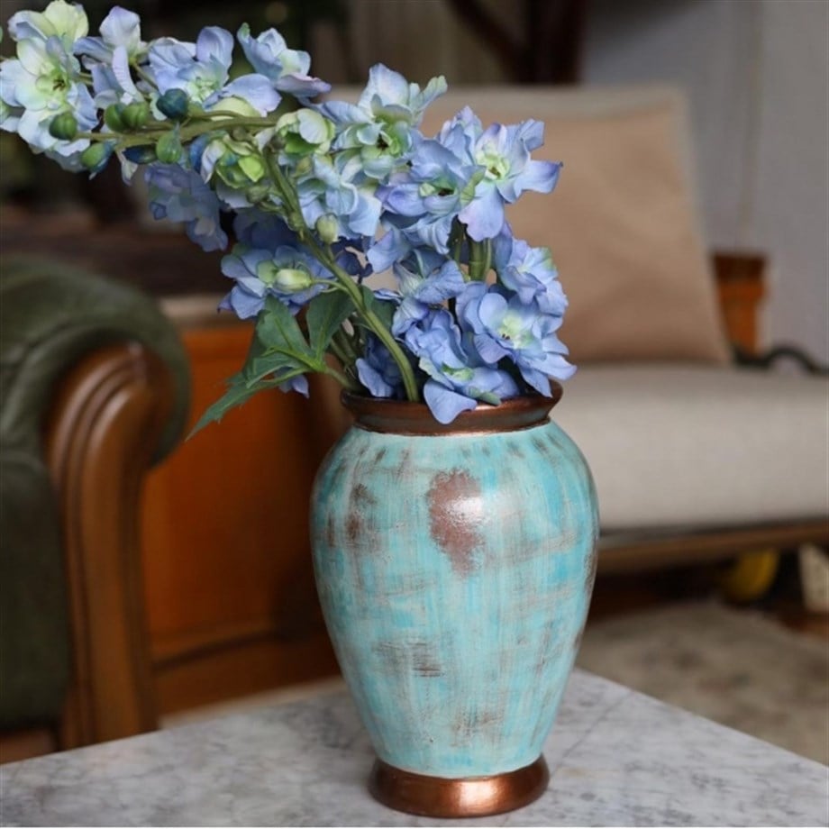 Bakırdan Collection Aura Turquoise Sculptural Vase Handmade Ceramic with Copper Undertones