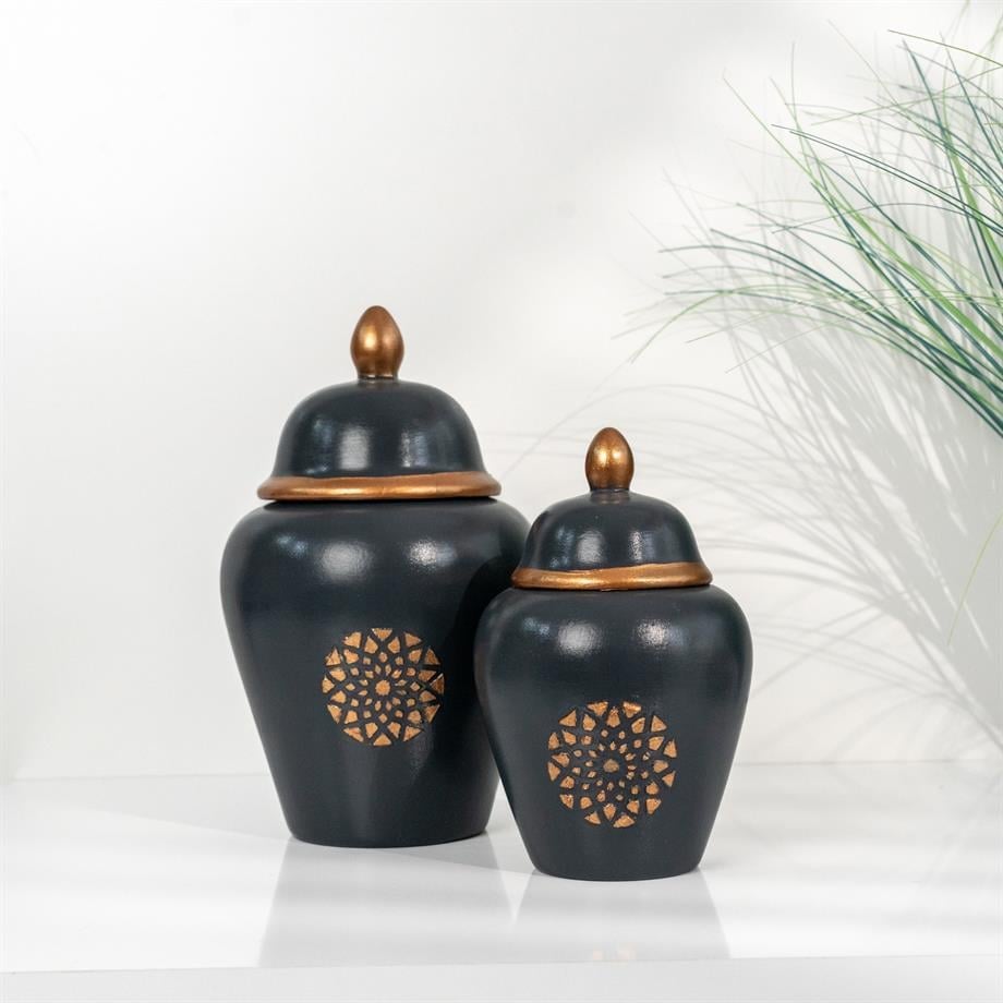 Bakırdan Collection Shah Emblem Lidded Vase Duo Handmade Dark Anthracite Ceramic