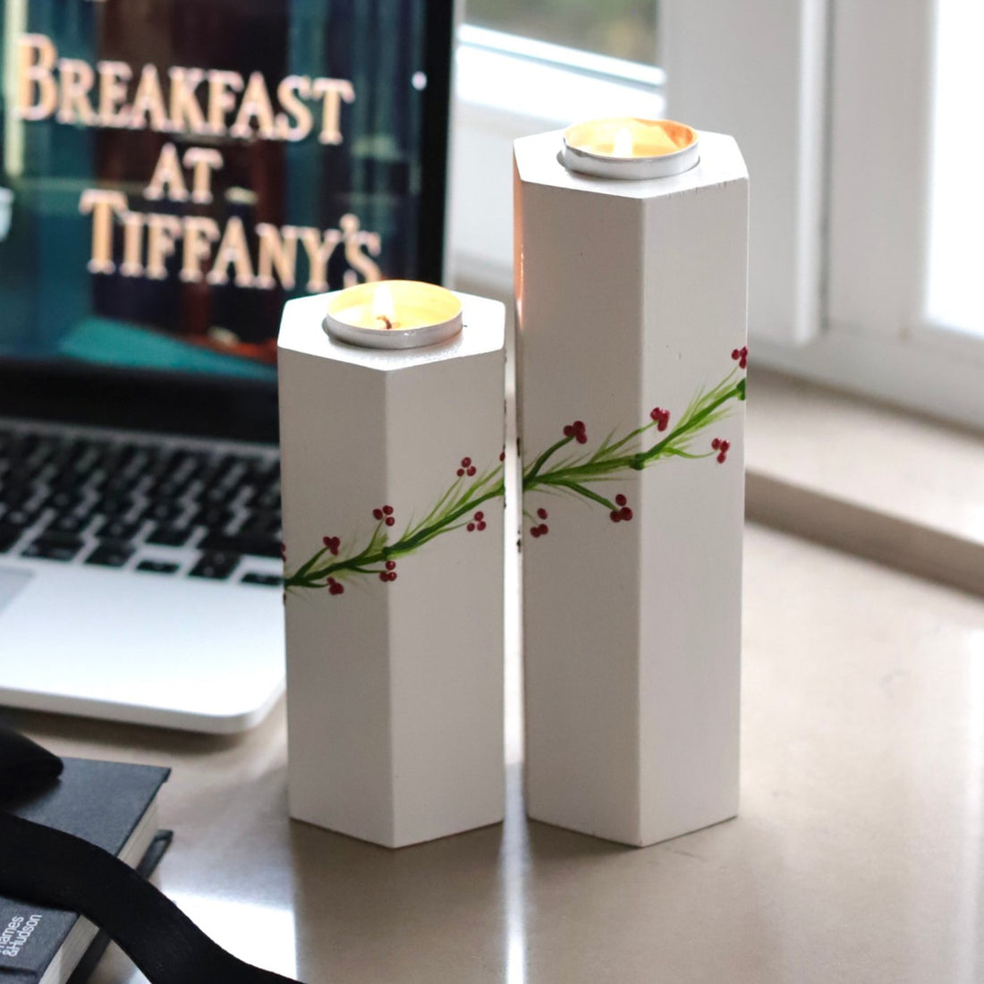 Handmade Solid Wood Candleholder Duo Cream Green Branch Red Floral Decor