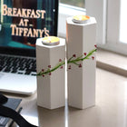 Handmade Solid Wood Candleholder Duo Cream Green Branch Red Floral Decor