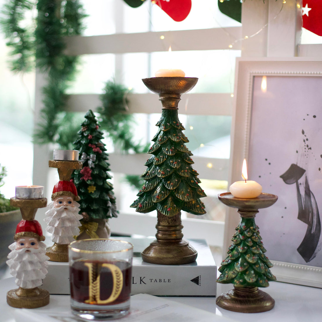 Handmade Everpine Lumina Tree Candleholder Duo Gold Silver Green Christmas Decor