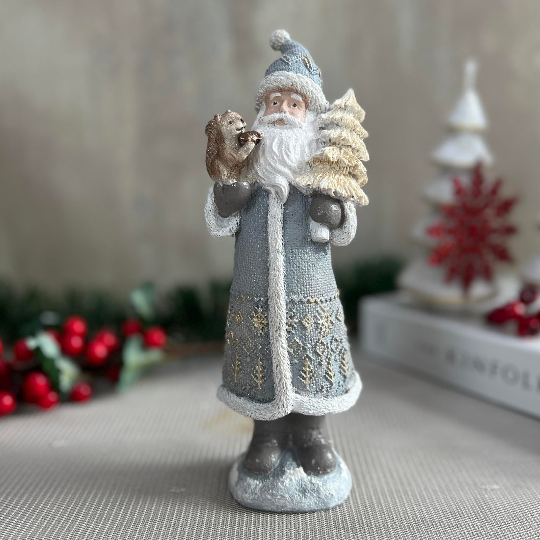 Frostwhisper Woodland Santa and Squirrel Holiday Sculpture