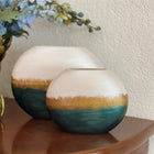 Margarita Tides Handmade Globe Ceramic Vase Duo Pearl Ivory Gold Band Petrol Green
