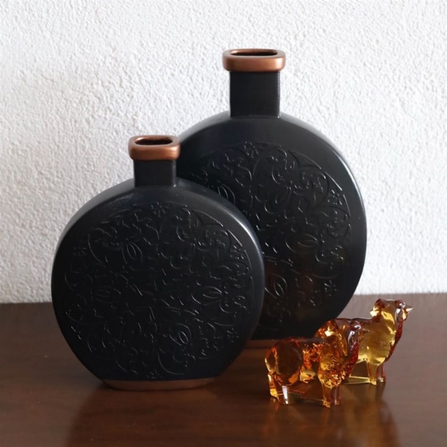 Bakırdan Collection Eclipse Copper Embossed Vase Duo Matte Black Handmade Ceramic