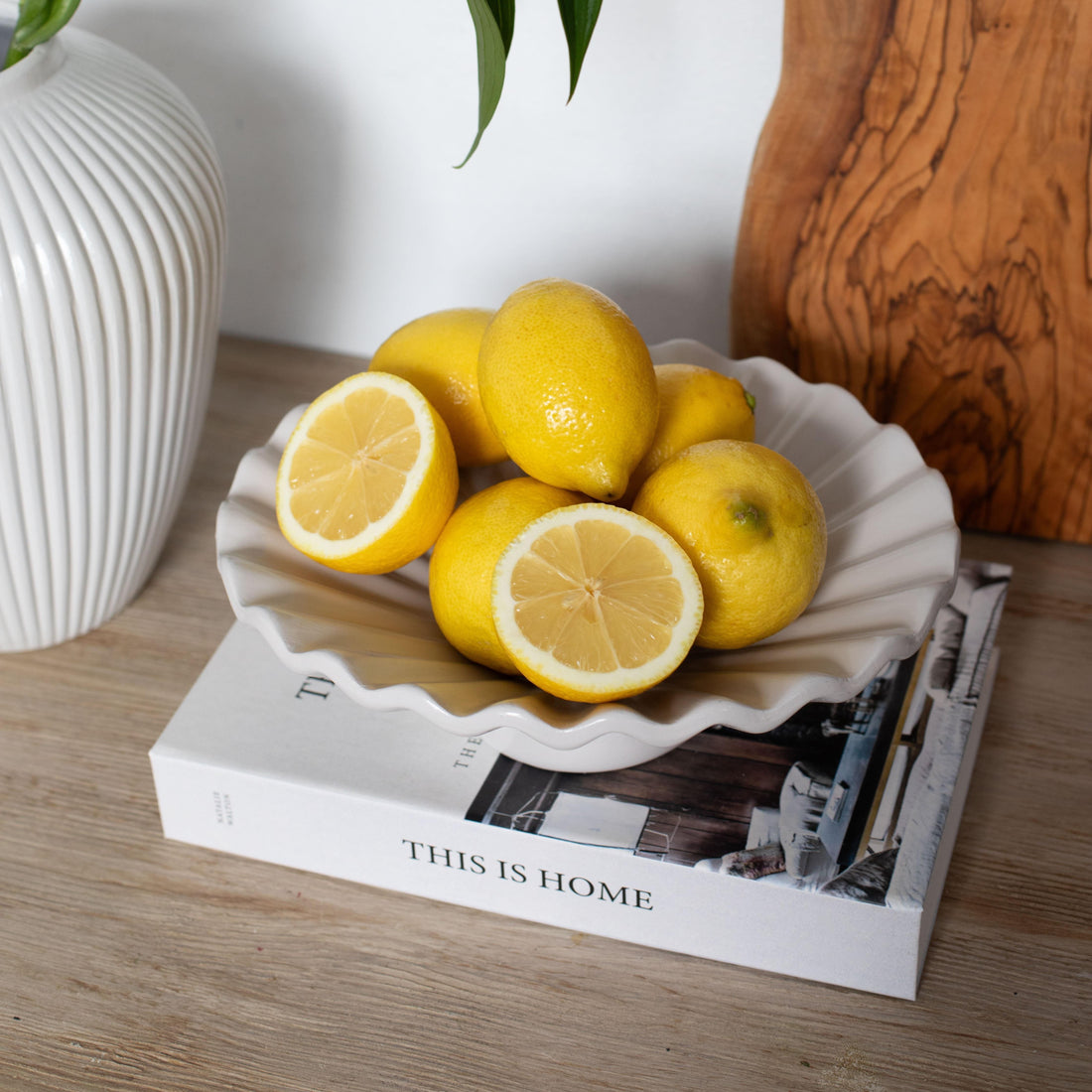 Moderna Hera Handmade Design Ripple Pedestal Plate Soft White Ceramic