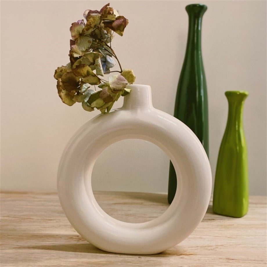Nordic Collection Haloria Matte Ivory Handmade Ceramic Ring Vase Decorative Object