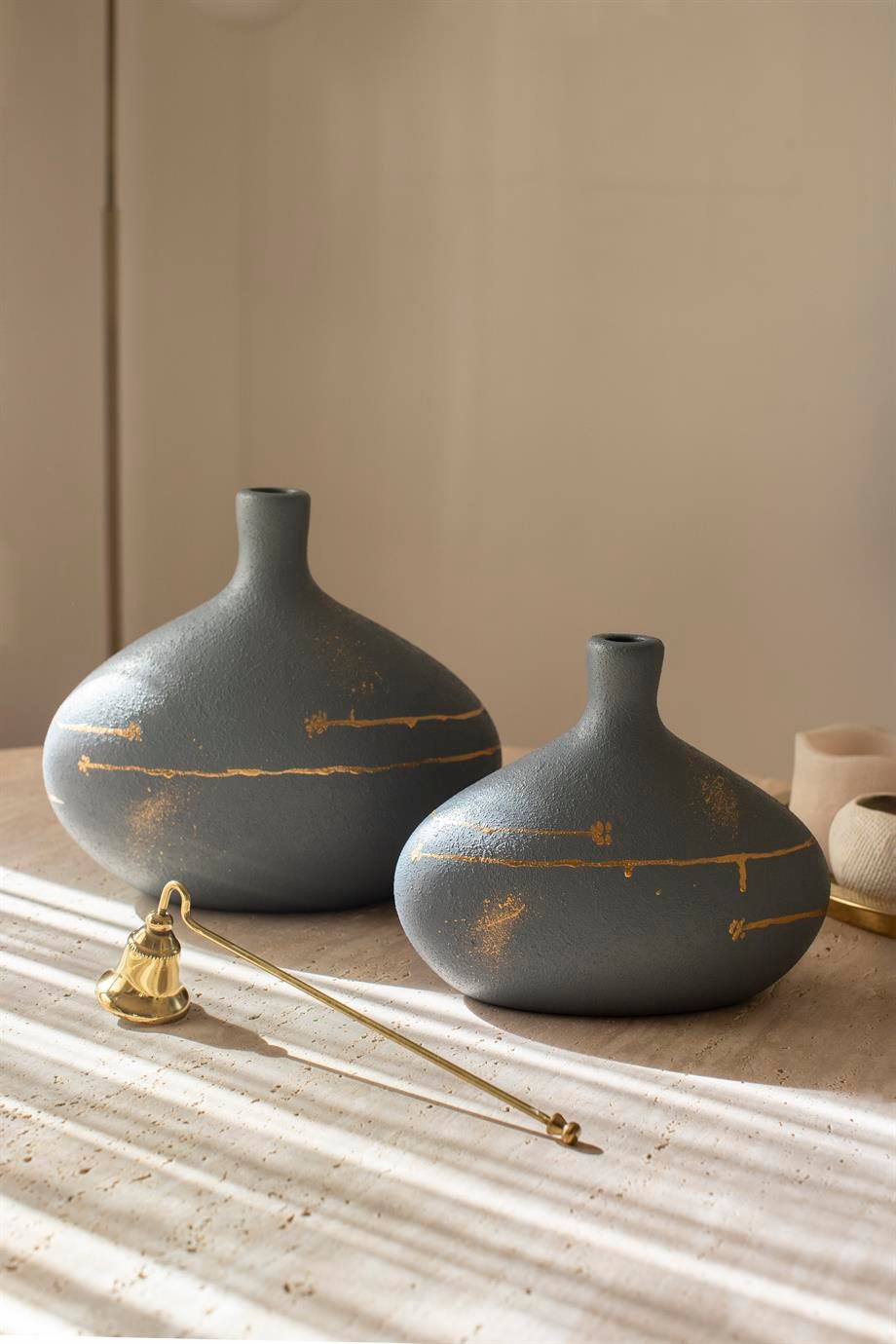 Handmade Nova Starlit Horizon Ceramic Vase Duo in Charcoal Gray with Gold Details