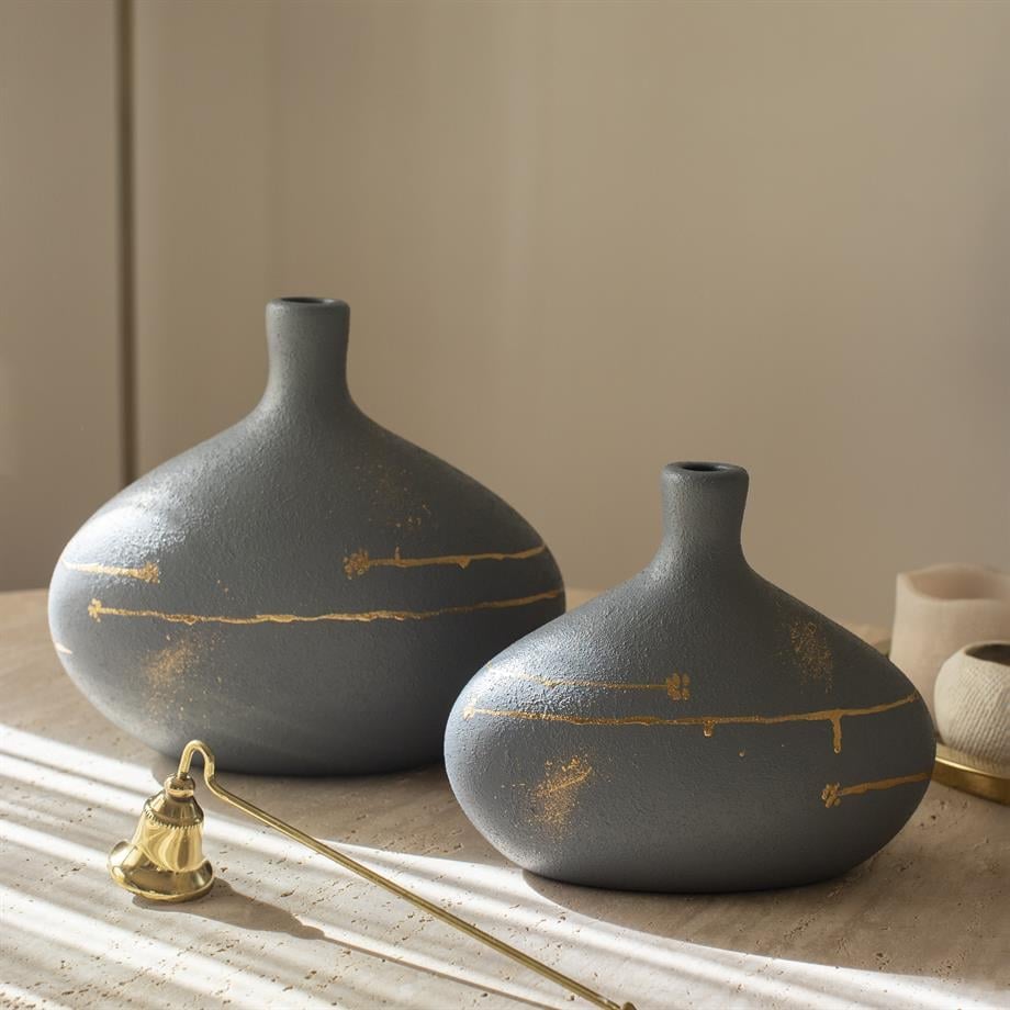 Handmade Nova Starlit Horizon Ceramic Vase Duo in Charcoal Gray with Gold Details