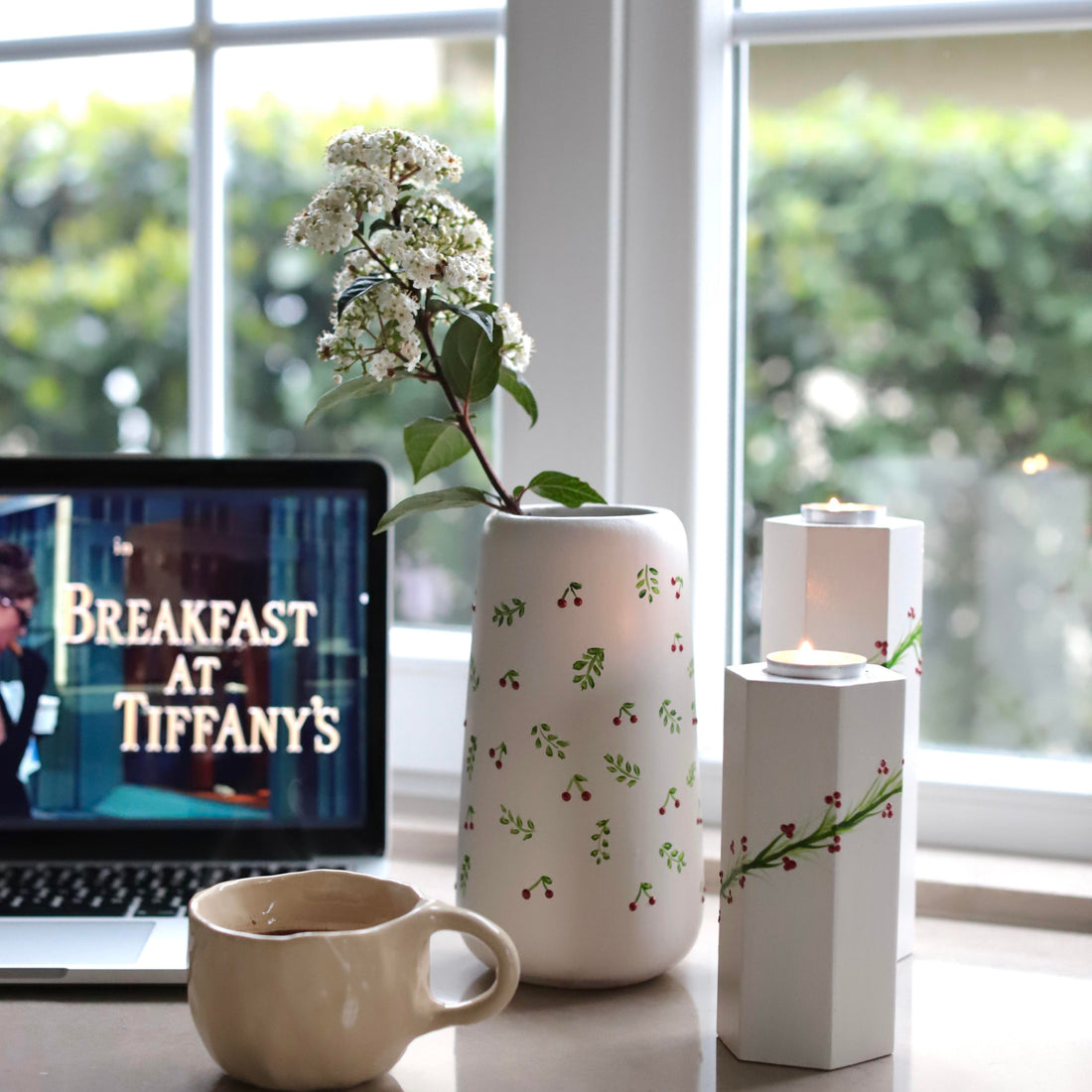 Cherry Meadow Small Hand Painted Ceramic Vase Cream White Spring Decor