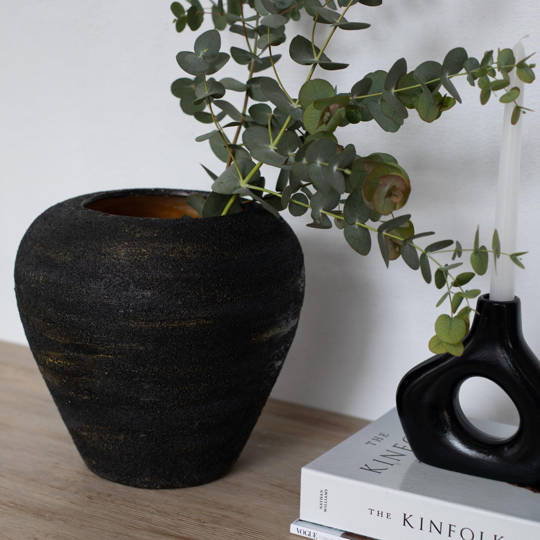Sapphire Midnight Ember Handmade Matte Black Ceramic Vase with Gold Texture Modern Decor