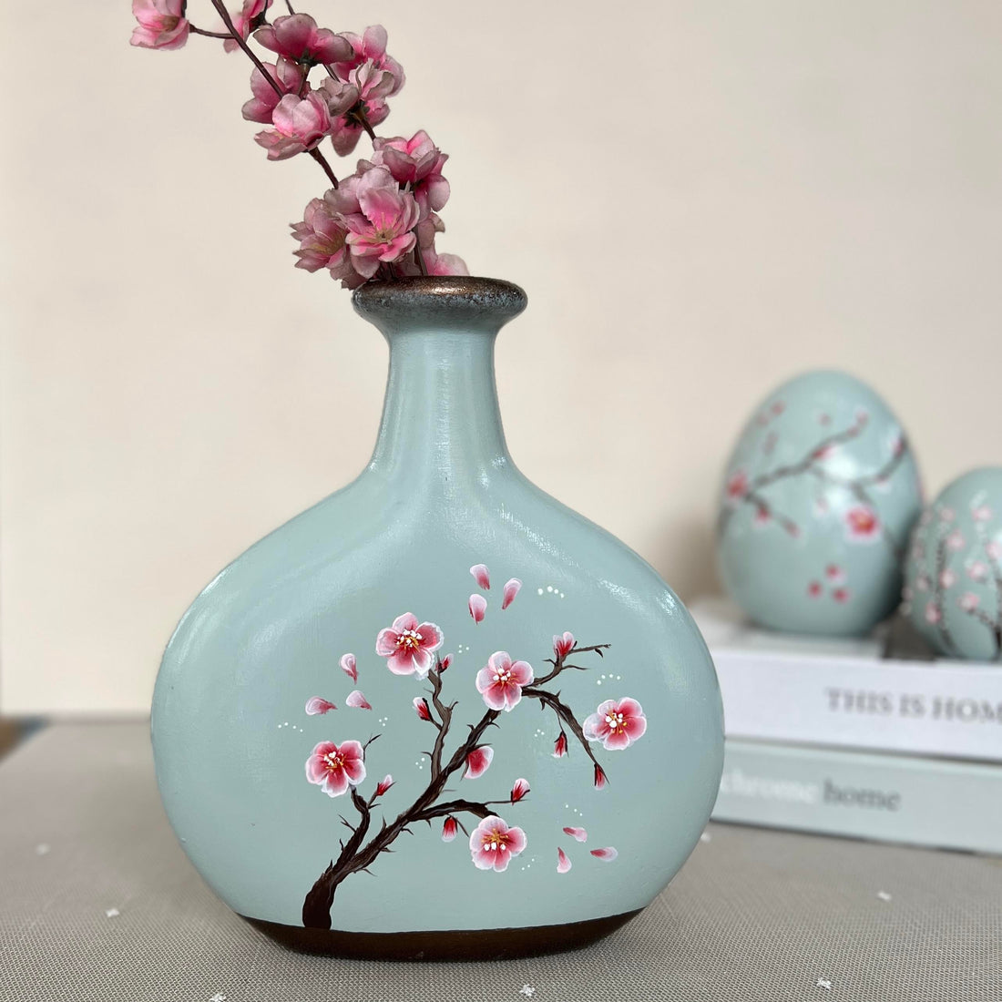 Sakura Petal Poem Hand-Painted Ceramic Vase in Misty Green
