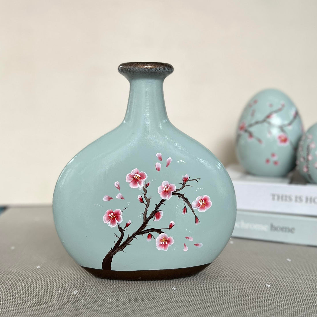 Sakura Petal Poem Hand-Painted Ceramic Vase in Misty Green
