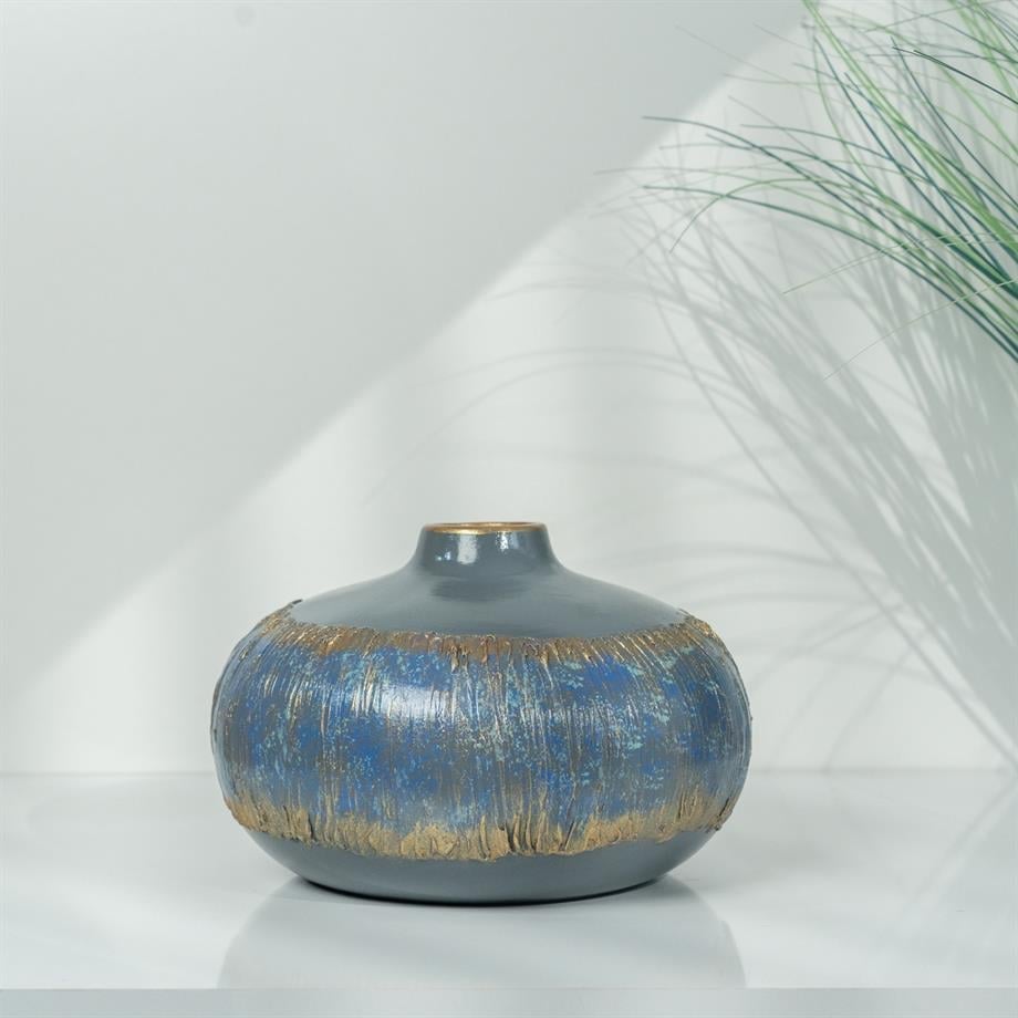 Semavi Collection Azure Halo Handmade Low Profile Decorative Vase Grey Blue Gold Ceramic