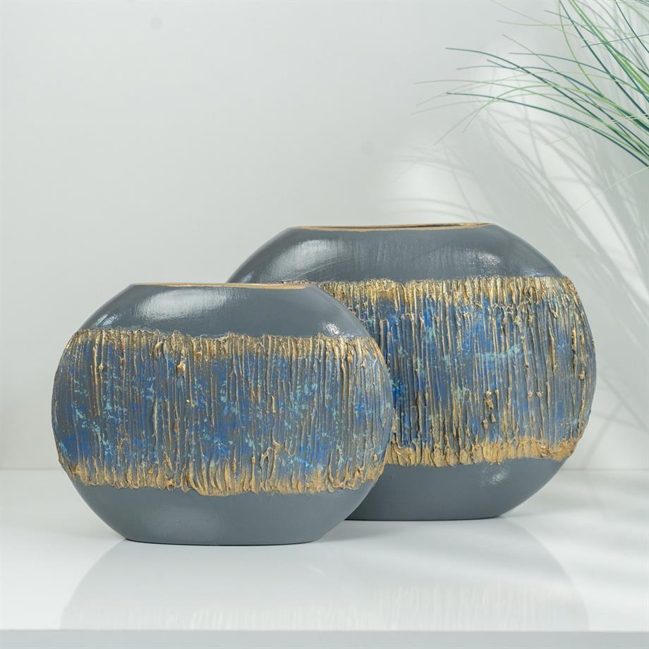 Semavi Collection Azure Horizon Handmade Slim Sculptural Vase Duo Set Grey Blue Gold Ceramic