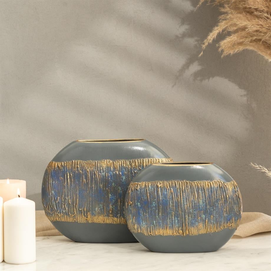 Semavi Collection Azure Horizon Handmade Slim Sculptural Vase Duo Set Grey Blue Gold Ceramic