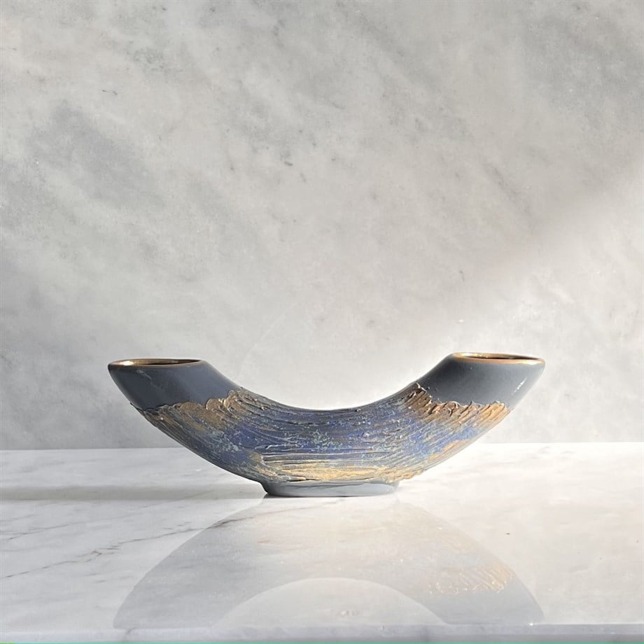 Semavi Collection Crescent Tide Handmade Half Moon Dual Vase Set Grey Blue Gold Ceramic