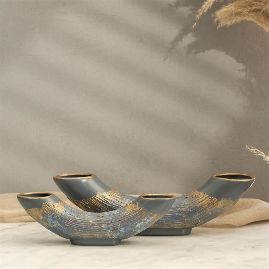 Semavi Collection Crescent Tide Handmade Half Moon Dual Vase Set Grey Blue Gold Ceramic
