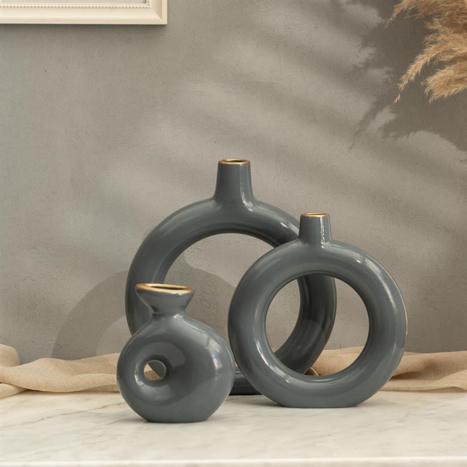 Semavi Collection Golden Halo Handmade Ring Vase Trio Set Grey Ceramic