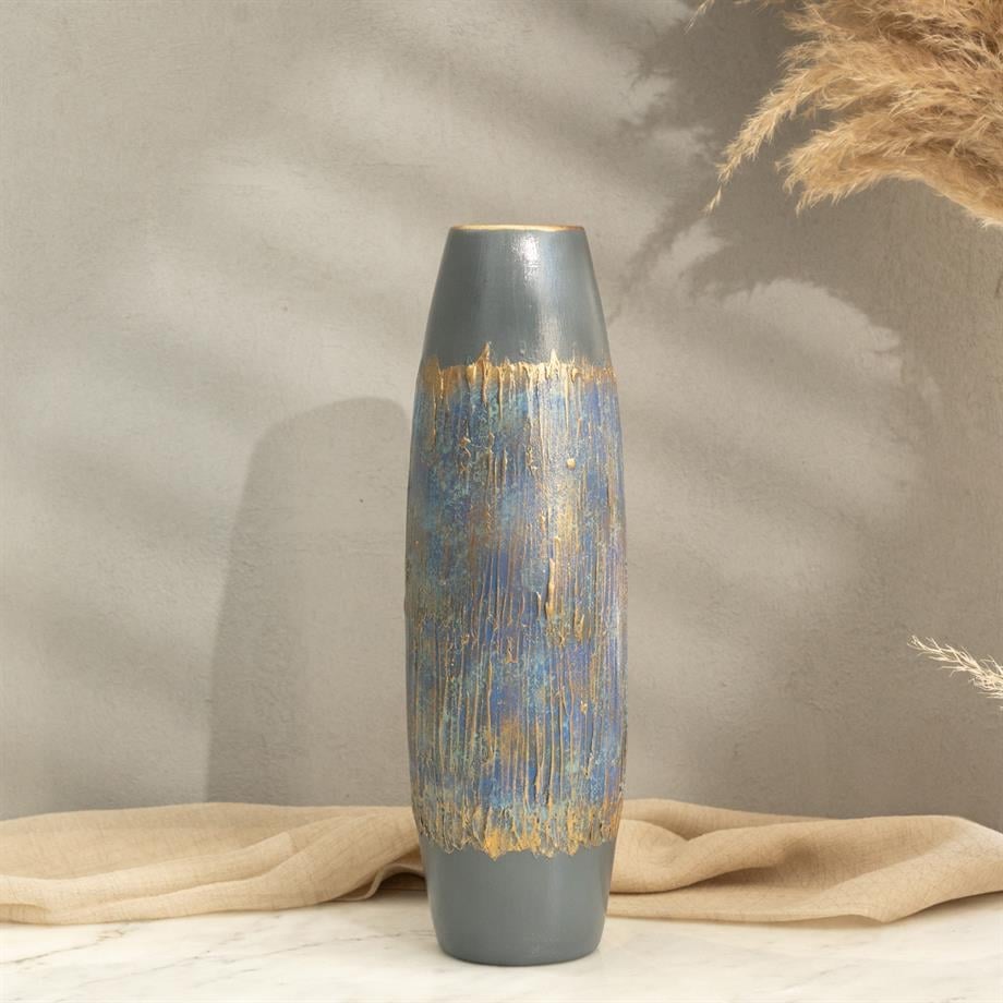 Semavi Collection Sky Pillar Handmade Cylinder Decorative Vase Grey Blue Gold Ceramic