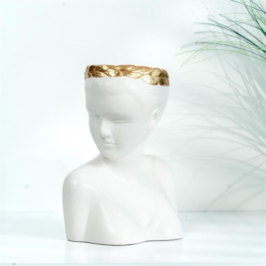 Victoria Laurel Muse Handmade Ceramic Bust Vase Matte White Gold Laurel