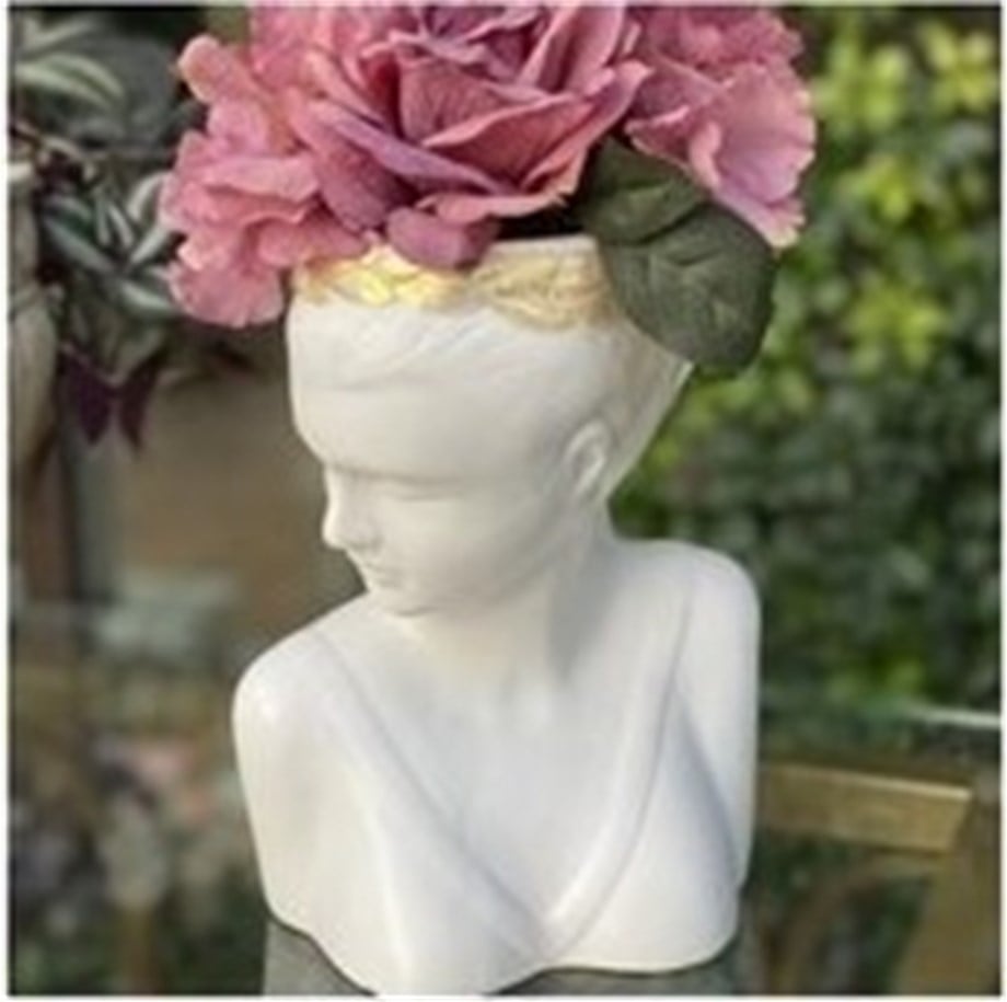 Victoria Laurel Muse Handmade Ceramic Bust Vase Matte White Gold Laurel